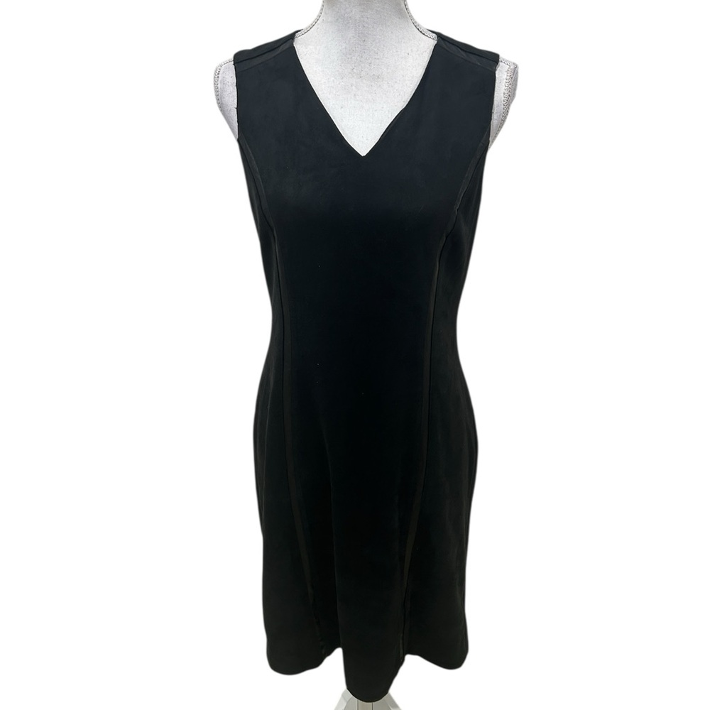J. McLaughlin faux suede leather trim Black v neck Midi sleeveless dress medium